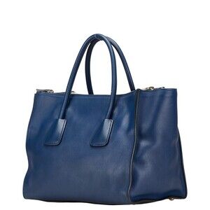 Prada handbag bag leather tote logo triangular plate blue